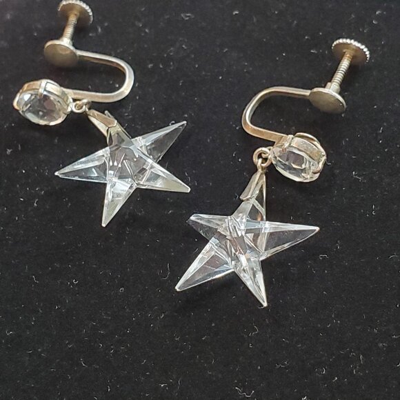 TRUE VINTAGE STERLING SILVER AND CRYSTAL STAR EARRINGS - Picture 2 of 3